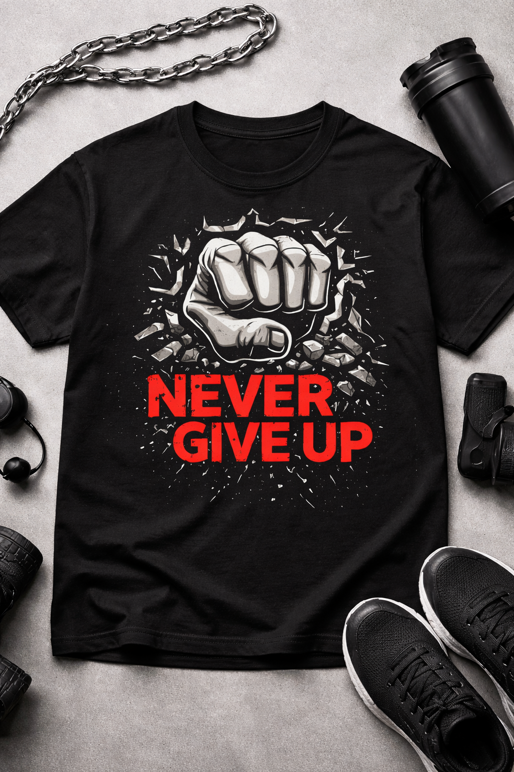 NEVER GIVE UP – Premium Gym Wear T-Shirt