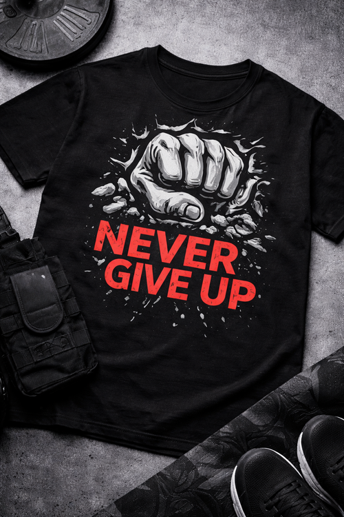 NEVER GIVE UP – Premium Gym Wear T-Shirt