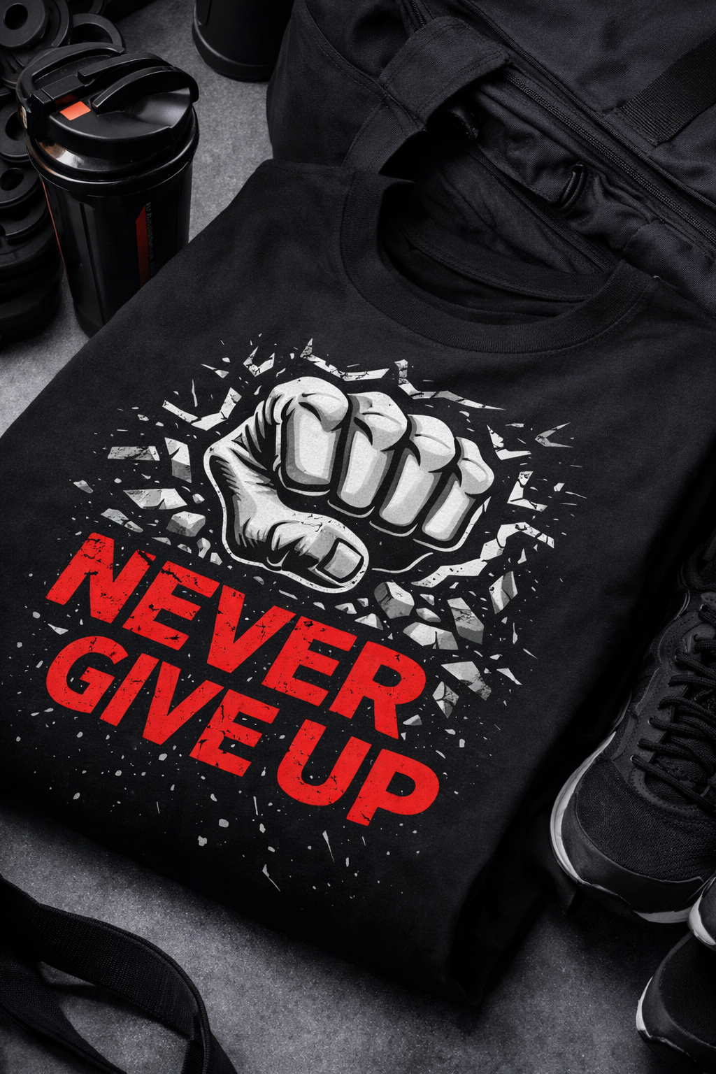 NEVER GIVE UP – Premium Gym Wear T-Shirt
